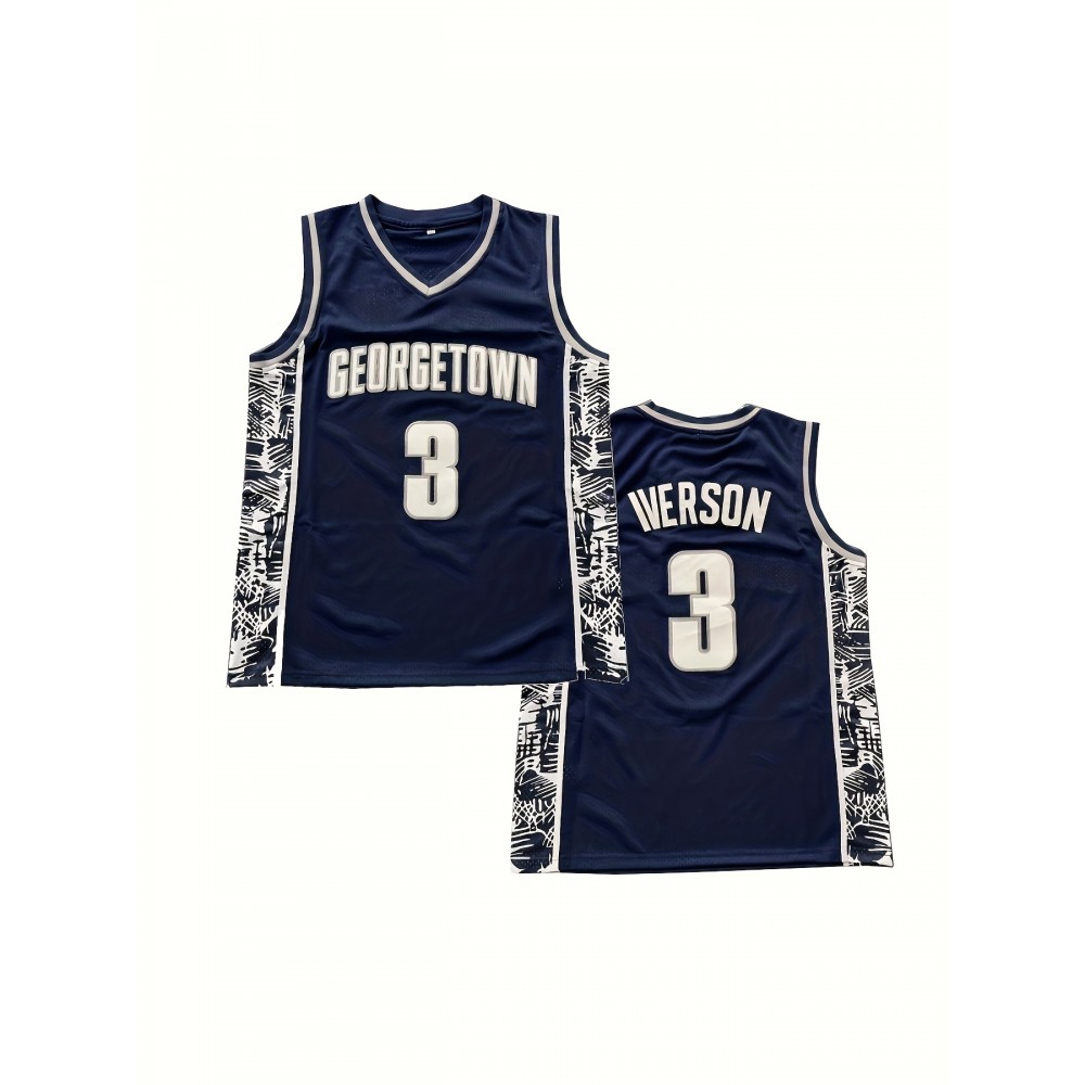 Men's Georgetown #3 Basketball Jersey - Navy Blue with White & Red Accents, V-Neck, Sleeveless, Polyester, Machine Washable - Ideal for Team Sports, Outdoor Activities & All Seasons, Basketball Gifts
