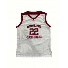 1pc Dowling Catholic Men's Basketball Jersey - #22, V-Neck, Sleeveless Athletic Top in White with Red Accents, Breathable Polyester, Loose Fit for Team Sports & Outdoor Activities, Machine Washable
