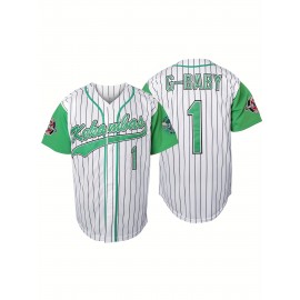 Men's #1 White Striped Embroidered Baseball Jersey - V-Neck, Short Sleeve, Breathable & Moisture-Wicking, Perfect for Sports & Casual Wear