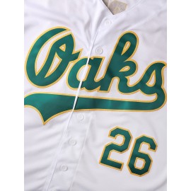 Men's Vintage Baseball Jersey with Letter O & Number 26 Design - Moisture-Wicking Breathable Polyester, Loose Fit V-Neck Button-Up for Sports, Casual & Parties (Green/Yellow/White), Party Wear, Detailing