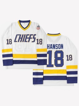 Vintage Hanson Brothers #18 Charlestown Chiefs Hockey Jersey - Blue & White,, Moisture-Wicking Polyester, Long Sleeve, V-Neck Captain's Sweatshirt with Classic Stripes for Sports, Parties & Casual Wear