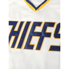 Vintage Hanson Brothers #18 Charlestown Chiefs Hockey Jersey - Blue & White,, Moisture-Wicking Polyester, Long Sleeve, V-Neck Captain's Sweatshirt with Classic Stripes for Sports, Parties & Casual Wear