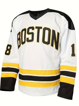 1pc Boston Ice Hockey Jersey, Happy Gilmore #18, Polyester V-Neck Pullover with Embroidered Lettering, Long Sleeve, Breathable & Moisture-Wicking, Loose Fit for Sports & Casual Wear, S-XXXL
