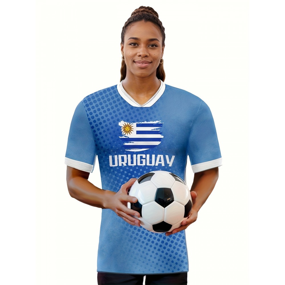 Women's Large Size Professional Sports Fabric Creative Pattern Print Uruguay Home Soccer Jersey T-shirt, Soccer Jersey Flag Uniforms Shirts Breathable And Lightweight, Moisture-Wicking, As Gifts For Sports Fans