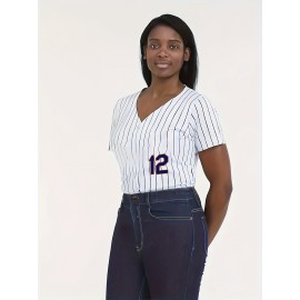 Women's Plus Size New York #12 Baseball Jersey - White & Blue Striped Retro Design, Moisture-Wicking, Breathable Polyester, UV Protection, Fade Resistant, Perfect for Training, Parties & Gifts for Baseball Fans