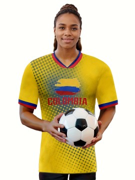 Women's Large Size Professional Sports Fabric Creative Pattern Print Colombia Home Soccer Jersey T-shirt, Soccer Jersey Flag Uniforms Shirts Breathable And Lightweight, Moisture-Wicking, As Gifts For Sports Fans