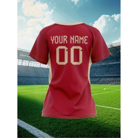 Customizable Women'S Soccer Jersey - Personalized Name & Number, Red Camo Design, Soft Fabric, Round Neck, Summer Sports & Casual Wear, Soccer Accessories