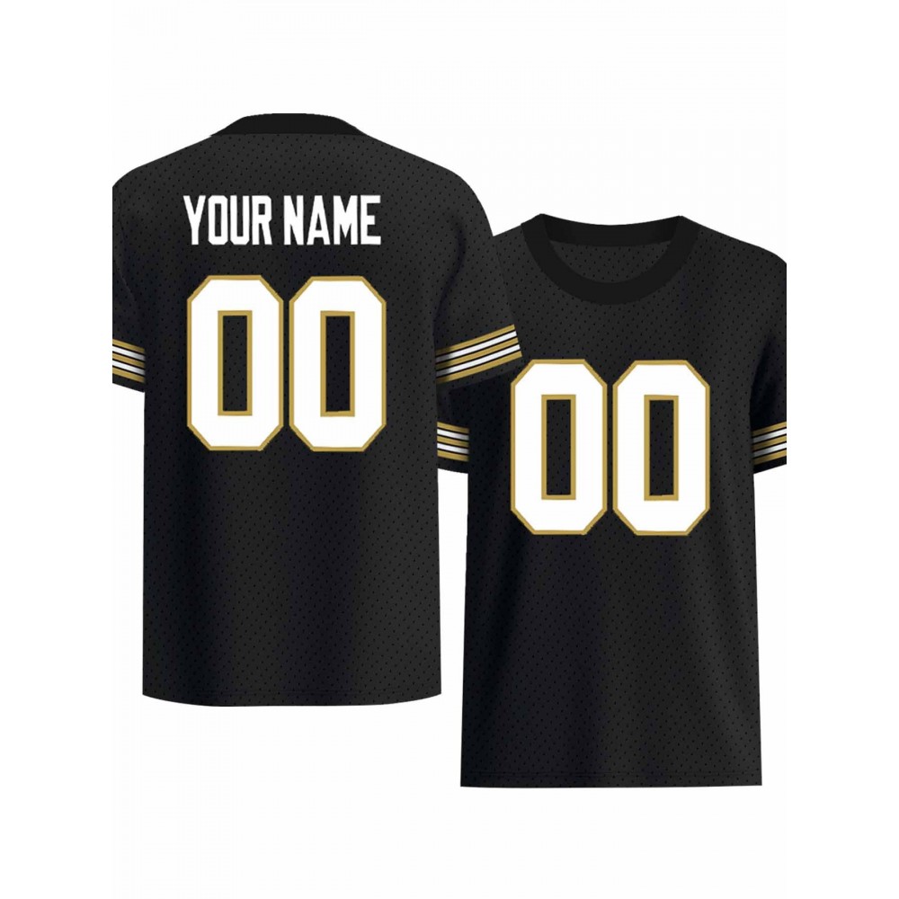 Customizable Women'S Plus Size Football Jersey - Personalized Team & Player Number, Soft Fabric, V-Neck, Short Sleeve, Black with Golden Accents, Ideal for Outdoor Sports & Events, Football Jersey, Summer Sports Wear, Sporty Design, Comfortable Fit