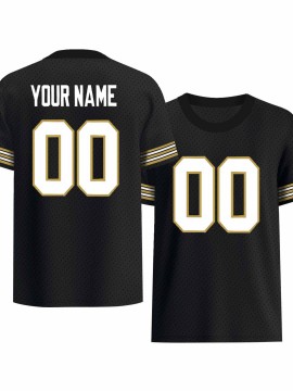 Customizable Women'S Plus Size Football Jersey - Personalized Team & Player Number, Soft Fabric, V-Neck, Short Sleeve, Black with Golden Accents, Ideal for Outdoor Sports & Events, Football Jersey, Summer Sports Wear, Sporty Design, Comfortable Fit