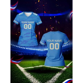 Customizable Women'S V-Neck Football Jersey, Polyester 100%, Quick-Dry Knit Fabric, Regular Length, All Over Print, Slight Stretch, Breathable for Training & Fitness, Spring/Summer/Fall Sports Top
