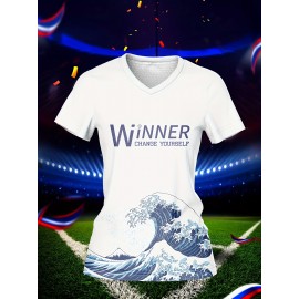 Customized Women's V-Neck Football Jersey - Personalized Name & Number, Breathable Quick-Dry Fabric, Japanese Wave Print Design for Team Training, Fitness & Casual Wear (Spring/Summer/Fall), Personalized Football Jersey, Quickdry Sportswear