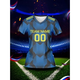 Custom Name & Number Women's V-Neck Football Jersey - Blue & Black Checkered Design, Breathable & Quick-Dry Polyester Sports Top for Team Training, Fitness & Casual Wear