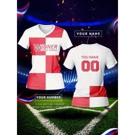 Customizable Women's V-Neck Soccer Jersey - Personal Name & Number, Breathable Polyester, Quick-Dry Sports Top for Team Training & Casual Wear, Sports Training Top | Customizable Soccer Shirt | Smooth Fabric Shirt