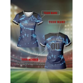 Customizable Women's V-Neck Soccer Jersey - Personalized Name & Number, Breathable Polyester, Quick-Dry Athletic Top for Team Sports, Fitness & Casual Wear, Blue & Black Retro Design, Team Sports Apparel | Athletic Team Uniform | Comfortable Fit