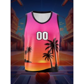 Custom Youngsters' Basketball Tank Top - Personalized Name & Number, Pink to Orange Gradient with Palm Tree Design, Breathable Polyester for Sports, Training, and Outdoor Play