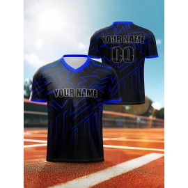 Customizable Youngsters' Soccer Jersey - V-Neck, Personalized Name & Number, Comfortable Polyester Sports Top in Black with Blue Accents for Boys & Girls - Ideal for Outdoor Activities & Training