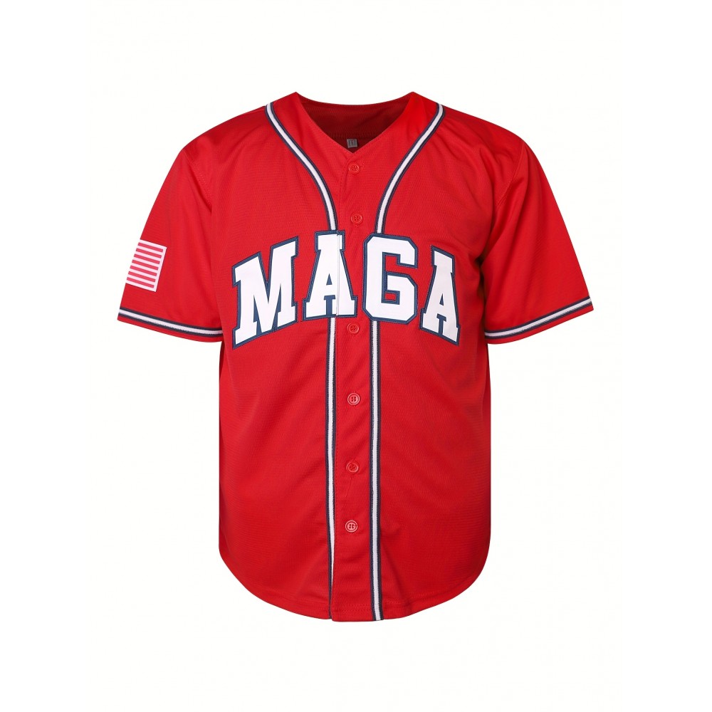 Men's #47 MAGA Baseball Jersey - Patriotic Red USA Flag Design, V-Neck, Short Sleeve, Breathable Polyester, 
