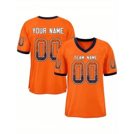 Customizable Plus Size Football Jersey - Personalized Name & Number, Vibrant Orange & White Striped Design, V-Neck Short Sleeve for Women'S Outdoor Sports, Team Uniforms, Summer Athletic Wear, Sporty Clothing, Durable Sportswear
